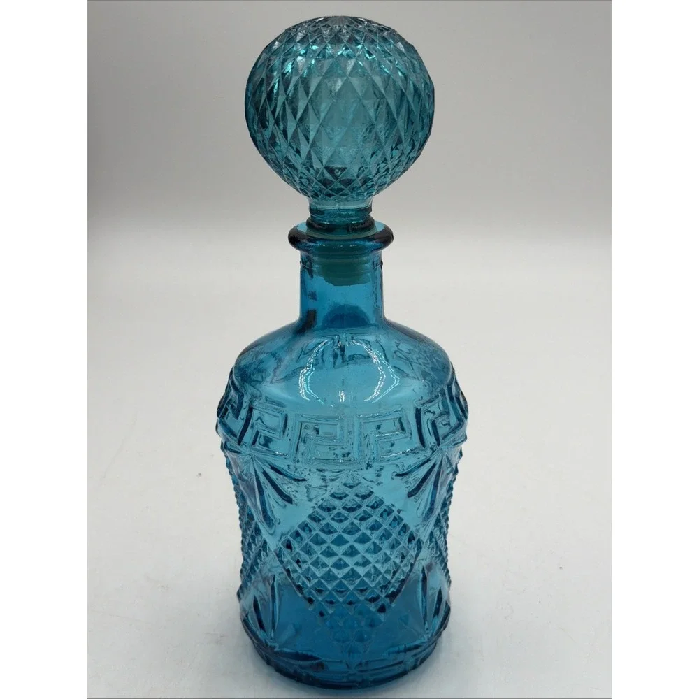 Vintage Blue Glass Genie Bottle Decanter W/Round Glass Stopper Made in Taiwan
